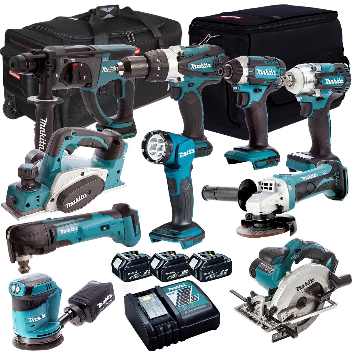 Makita 10 Piece Kit 18V Li-ion with 3 x 5.0Ah Batteries Charger T4TKIT-309